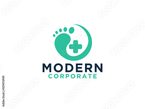 Foot Care Logo. Footprint Silhouette with Negative Space Cross Sign inside isolated on White Background.