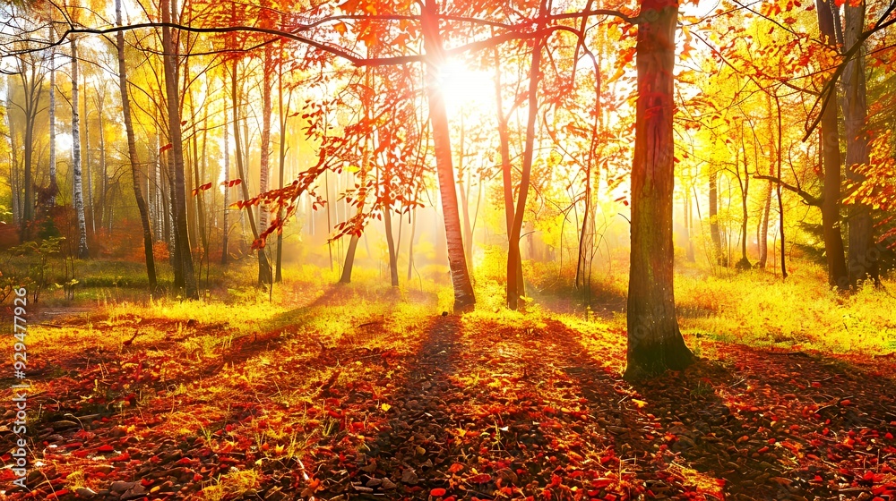 Fototapeta premium A serene autumn forest with golden leaves and sunlight filtering through the trees.