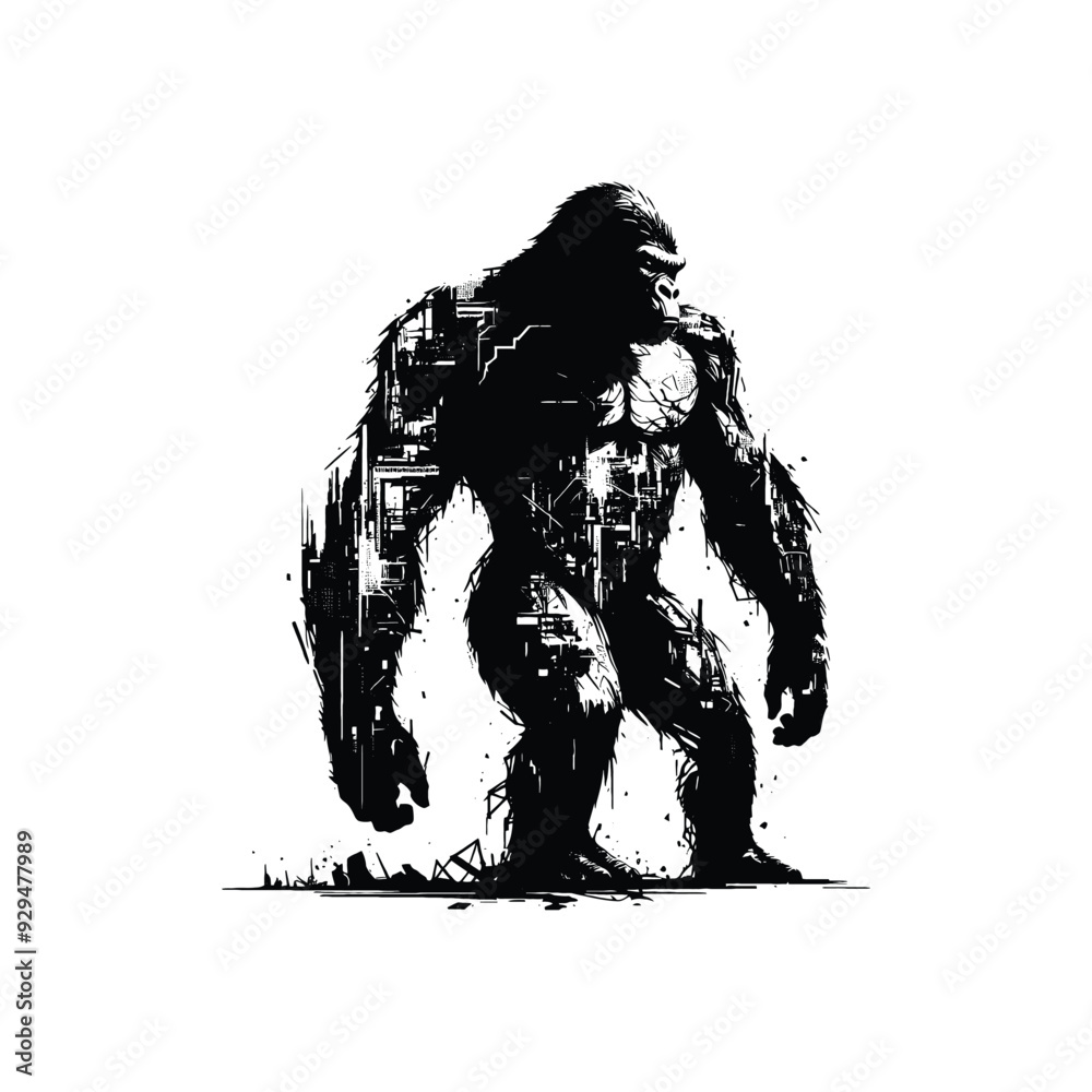 silhouette of gorilla, filled with destroyed futuristic dystopia environment in rough drawing, silhouette of gorilla, filled with destroyed futuristic dystopia environment in rough drawing,