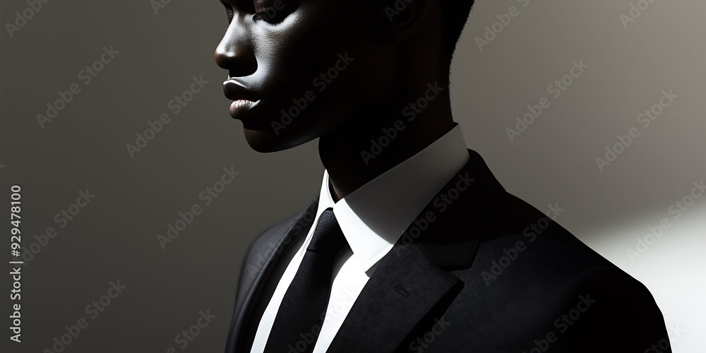 Man in sharp suit partially hidden in shadows, moody portrait Man in sharp suit partially hidden in shadows, moody portrait