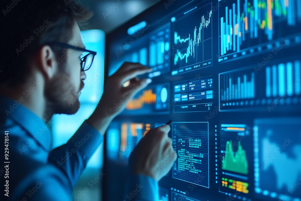 Man analyzing data on digital screens in tech environment