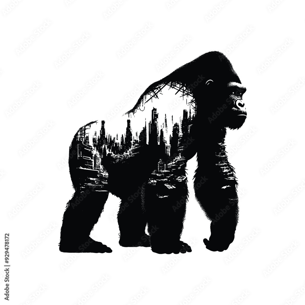 Fototapeta premium silhouette of gorilla, filled with destroyed futuristic dystopia environment in rough drawing,