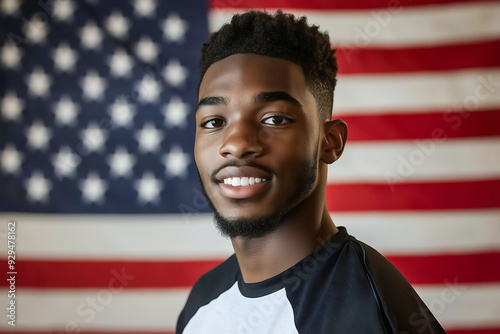 Proud young man standing in front of American flag photo