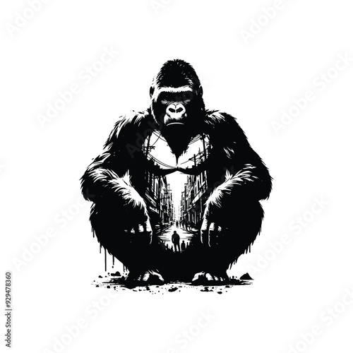 silhouette of gorilla, filled with ghetto street in rough drawing,