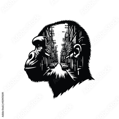 silhouette of gorilla, filled with ghetto street in rough drawing,