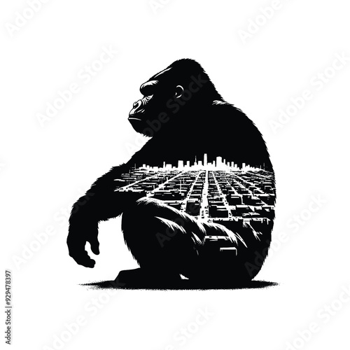 silhouette of gorilla, filled with ghetto street in rough drawing,