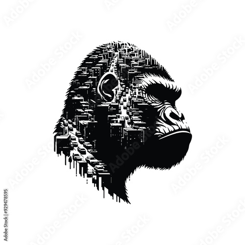 silhouette of gorilla, filled with ghetto street in rough drawing,