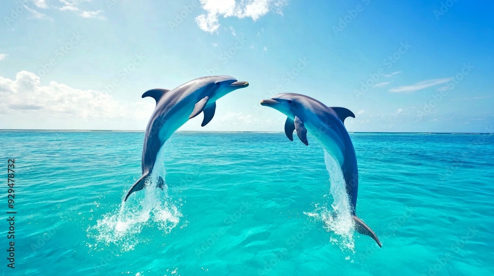 Fototapeta premium Two playful dolphins leap gracefully out of vibrant blue waters. The scene captures their joyful spirit and dynamic movement. Perfect for nature enthusiasts and marine life lovers. AI