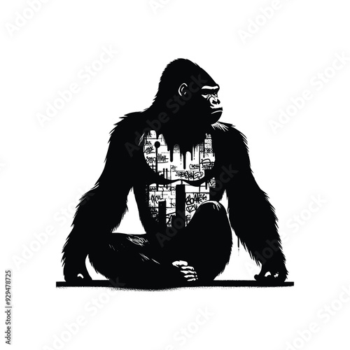 silhouette of gorilla, filled with graffiti street wall in rough drawing, photo