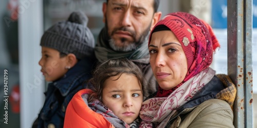 A refugee family looking anxious and uncertain at a border crossing