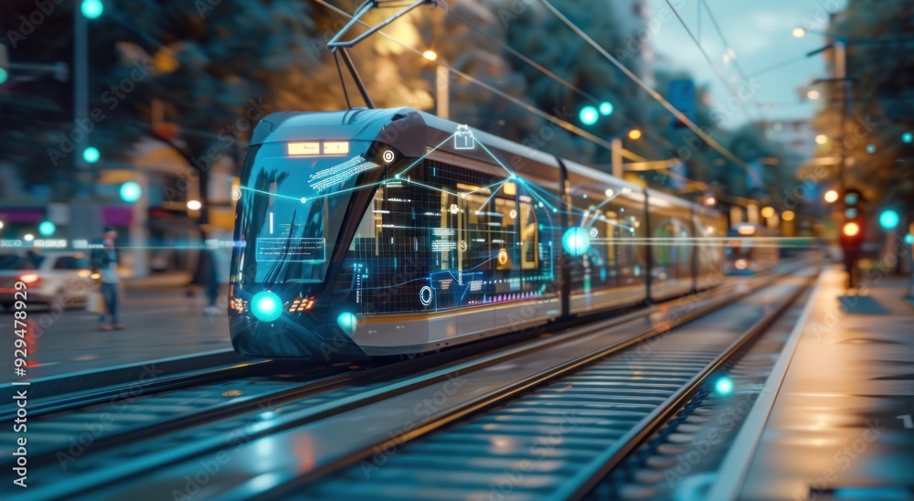 Futuristic Tram with Digital Interface in Cityscape Futuristic Tram with Digital Interface in Cityscape