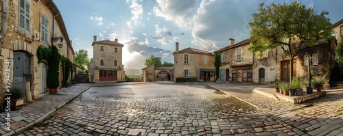 Stone-paved Town Square with Old Buildings and a Tree