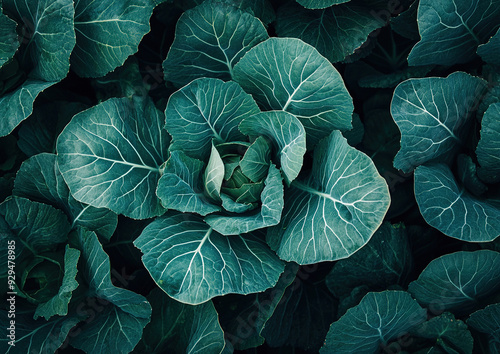 Cabbage with tightly packed green leaves, showcasing a fresh and vibrant appearance, professional food photo, close-up view highlighting texture and color.

 photo