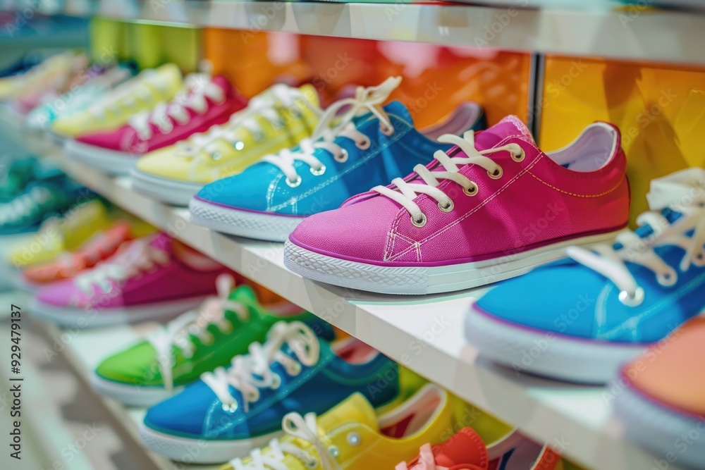 A collection of vibrant footwear displayed on a shelf A collection of vibrant footwear displayed on a shelf