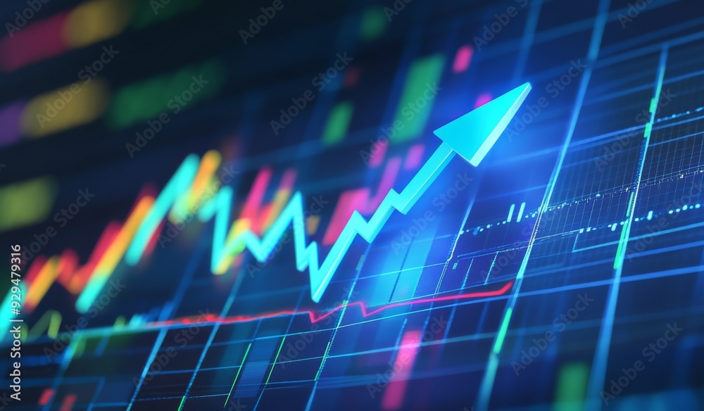 Blue upward-pointing arrow with green and red lines in the background, illustrating an upward trend in stock market data or sales growth. Ideal for visualizing financial or business progress.