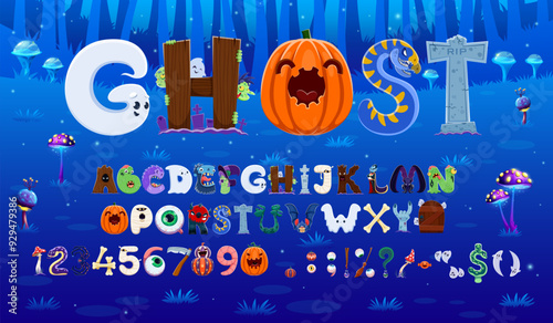 Cartoon Halloween font, scary typeface and funny holiday type, vector English fairytale alphabet. Halloween font with spooky ABC letters with boo characters of pumpkin and ghost, zombie and cemetery