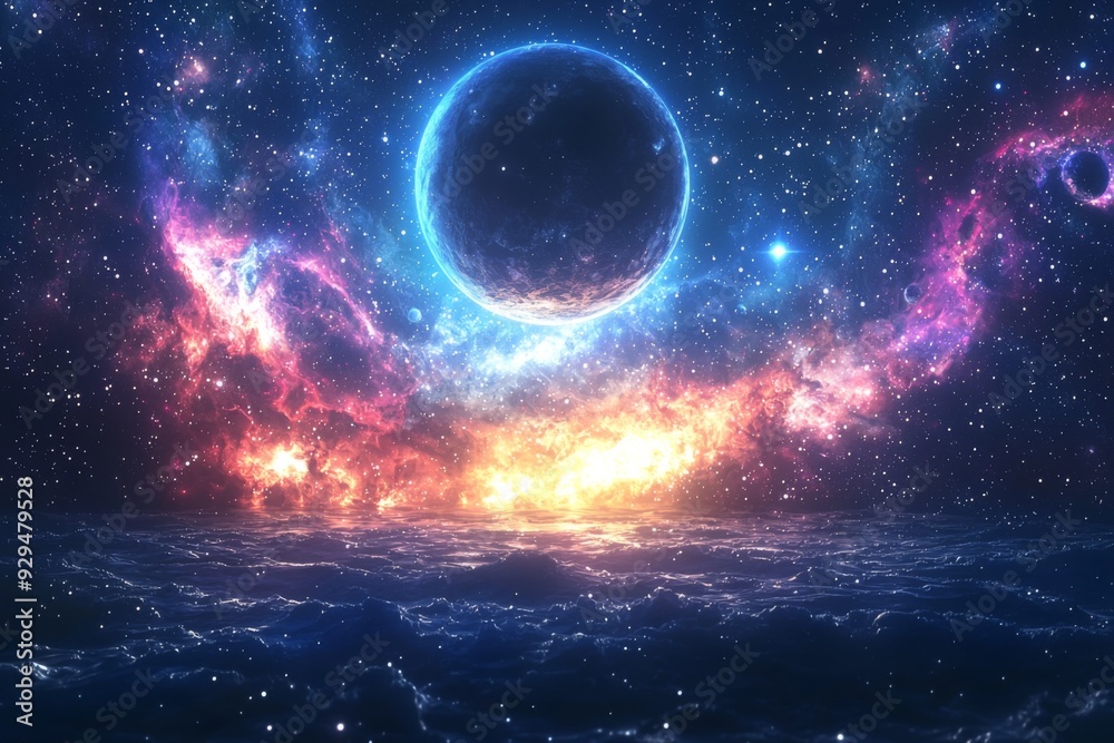 Space cosmic illustration with planets scene created with Generative AI Space cosmic illustration with planets scene created with Generative AI