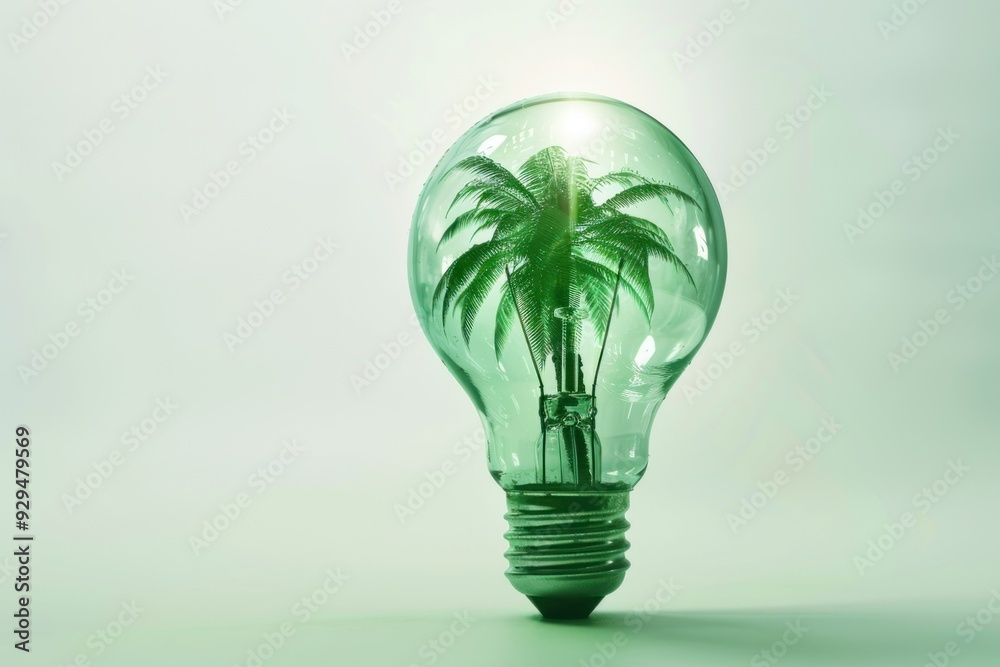 Palm Tree Inside a Lightbulb, Green Concept Palm Tree Inside a Lightbulb, Green Concept