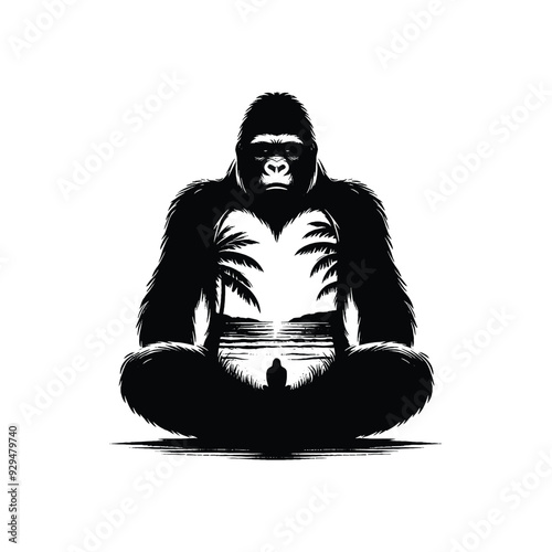 silhouette of gorilla, filled with ocean beach view with palm tree in rough drawing,