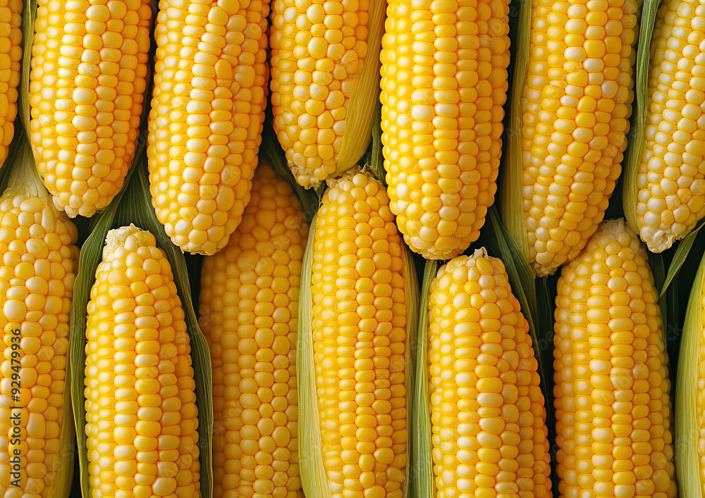 Corn on the cob with bright yellow kernels displayed on a textured surface, close-up view highlights the fresh, juicy nature of the vegetable.
Corn on the cob with bright yellow kernels displayed on a textured surface, close-up view highlights the fresh, juicy nature of the vegetable.