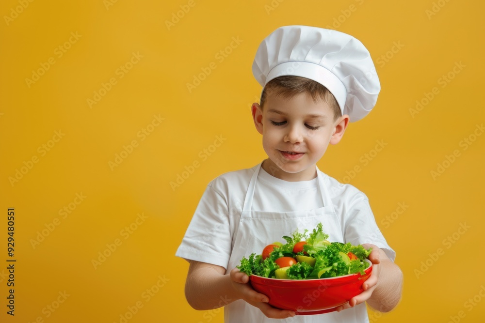 A young child dressed as a chef holds a bowl of colorful vegetables, perfect for use in illustrations or photographs about healthy eating and cooking