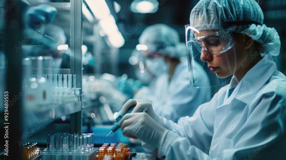 Woman in lab coat and goggles conducting experiments in a laboratory setting