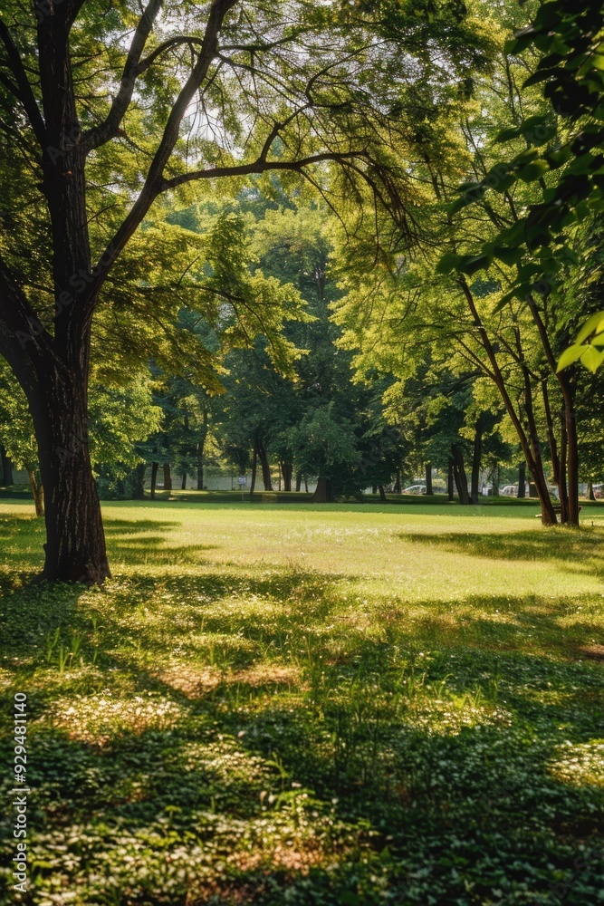 A serene natural landscape with lush greenery and tree silhouettes A serene natural landscape with lush greenery and tree silhouettes