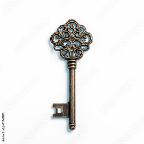 Ornate Antique Brass Key Isolated on White Background