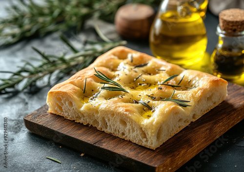Focaccia bread drizzled with olive oil and sprinkled with fresh rosemary, high-quality food photo, overhead view composition suitable for culinary presentations. 

 photo