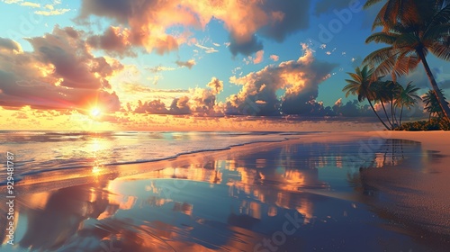 A serene beach scene at sunset, reflecting vibrant colors on the water.