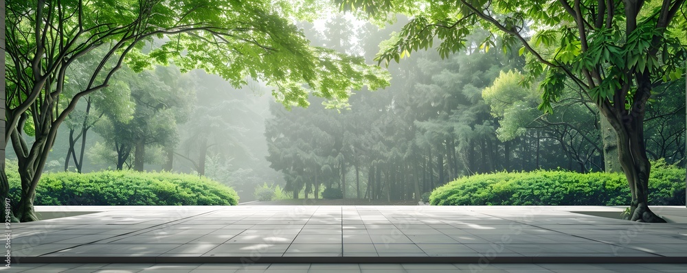Tranquil Patio with Stone Floor and Lush Green Trees in the Background Tranquil Patio with Stone Floor and Lush Green Trees in the Background
