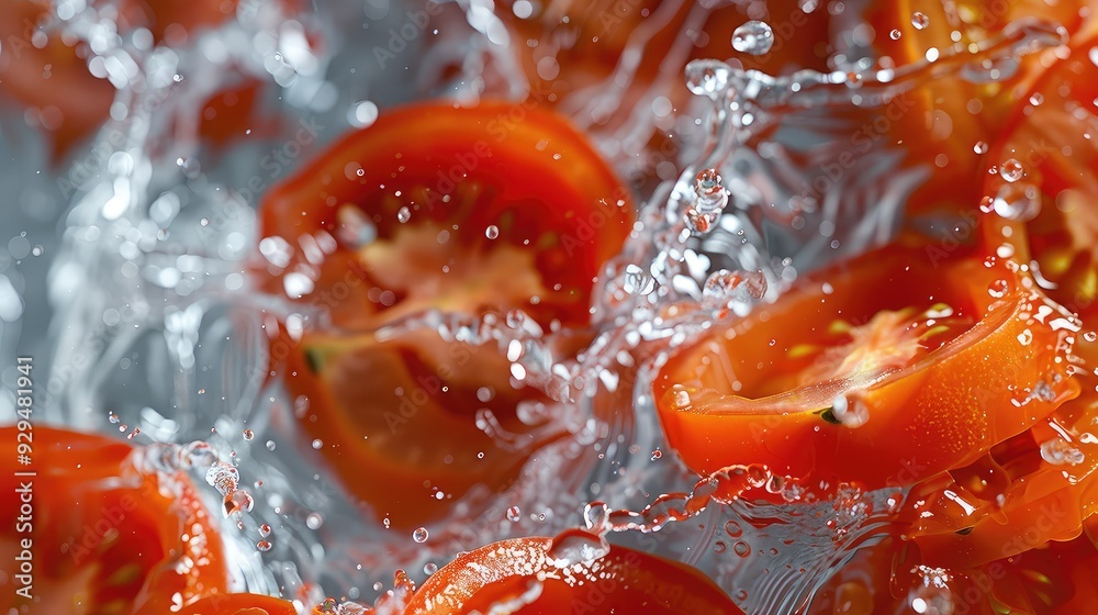 Fresh tomato slices splash in water, showcasing vibrant colors and refreshing droplets, perfect for healthy food concepts. Fresh tomato slices splash in water, showcasing vibrant colors and refreshing droplets, perfect for healthy food concepts.
