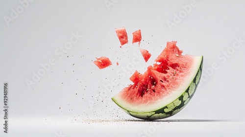 A dynamic image of a watermelon slice exploding with pieces scattering.