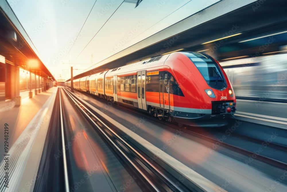 High-Speed Train Leaving the Station at Sunset High-Speed Train Leaving the Station at Sunset