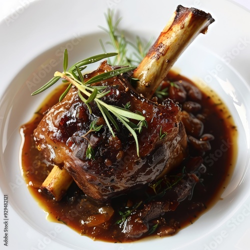 Succulent lamb shank served in rich sauce, garnished with fresh herbs on a pristine plate, perfect for gourmet dining. photo