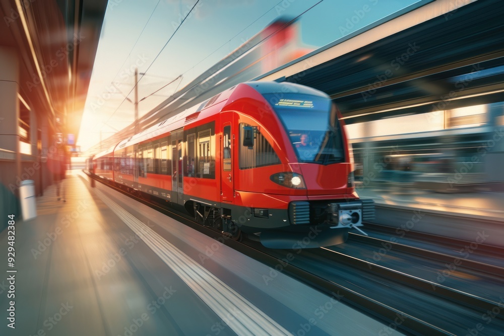 Fototapeta premium A Red Train Speeding Through a Train Station
