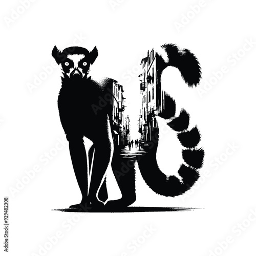 silhouette of lemur, filled with ghetto street in rough drawing, photo