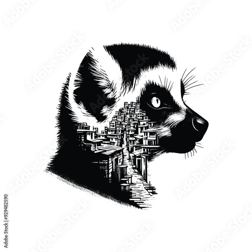 silhouette of lemur, filled with ghetto street in rough drawing, photo