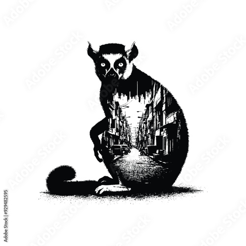 silhouette of lemur, filled with ghetto street in rough drawing,