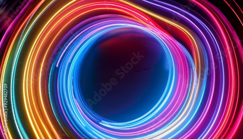 a vivid backdrop with an abstract arrangement of neon lights in swirling patterns glowing brightly against a dark background photo