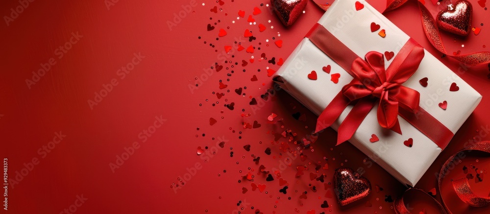 Red Gift Box with Ribbon on Red Background Red Gift Box with Ribbon on Red Background
