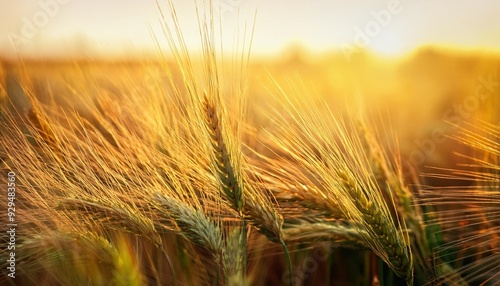 two rowed barley or hordeum distichon growing in the field stems in the rays of sunlight photo