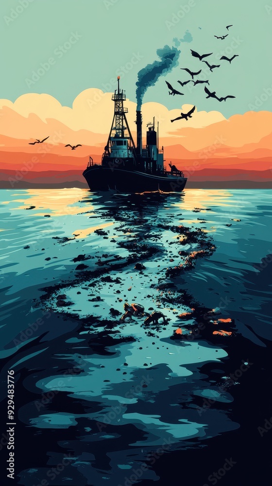 Fototapeta premium Oil spills spread across the ocean surface as a ship releases contaminants under a colorful sunset sky