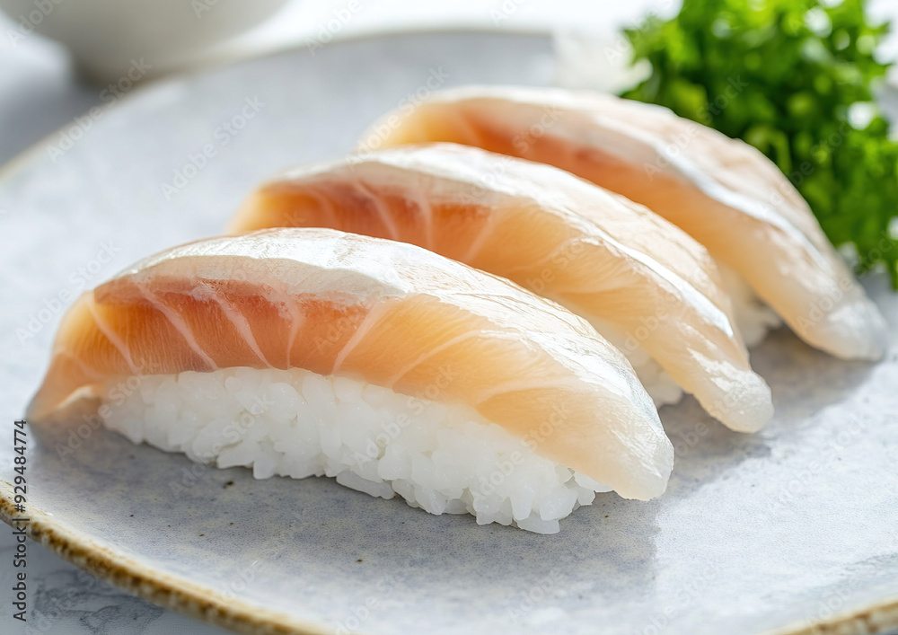 Hamachi nigiri sushi featuring yellowtail on seasoned rice, elegantly arranged for a formal presentation, top-down view highlighting the texture and details of the sushi.
Hamachi nigiri sushi featuring yellowtail on seasoned rice, elegantly arranged for a formal presentation, top-down view highlighting the texture and details of the sushi.
