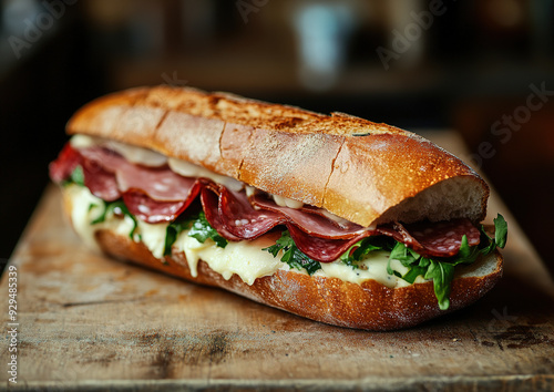 Italian sub sandwich filled with salami, ham, and provolone cheese, presented on a rustic wooden surface, flat lay composition, food photography. 

 photo