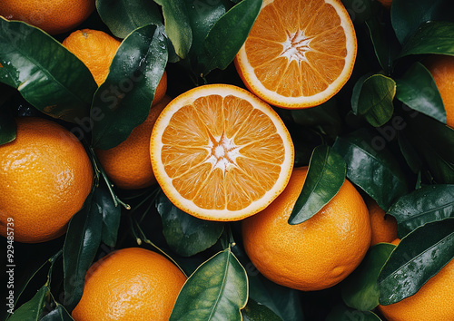 Juicy oranges with vibrant orange skin displayed on a wooden surface, high-quality food photography, overhead view composition.  

 photo