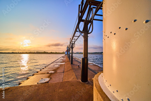 Serene Waterfront Pier and Lighthouse at Golden Hour Low Perspective photo