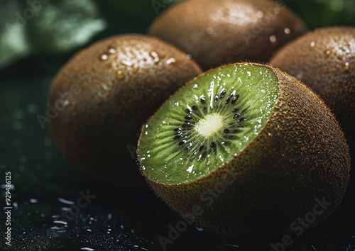 Kiwi with fuzzy brown skin and vibrant green flesh on a clean surface, showcasing its texture and color contrast, professional food photography, top-down view composition.  
 photo