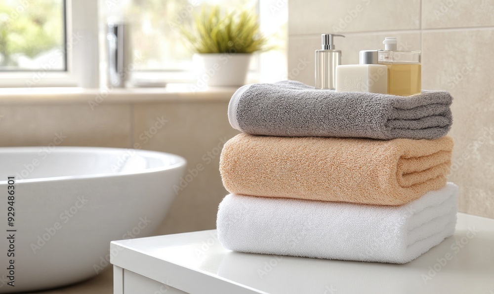 Spa Towel Stack on White Table in Elegant Bathroom Setting Spa Towel Stack on White Table in Elegant Bathroom Setting