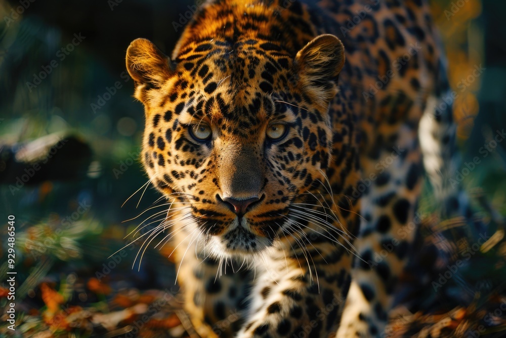 A close-up view of a leopard walking through tall grass, its spots and fur visible A close-up view of a leopard walking through tall grass, its spots and fur visible